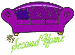 Playful purple couch with tufted detailing and decorative pillow, featuring vibrant green embroidery saying 'My Second Home'.