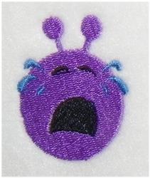 Cartoonish purple creature with two antennas and big eyes, crying blue tears in a playful style.