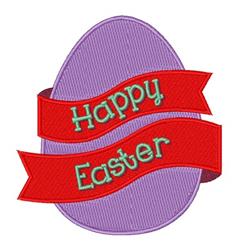 Purple Easter egg with smooth texture and a vibrant red banner displaying 'Happy Easter', perfect for festive embroidery.
