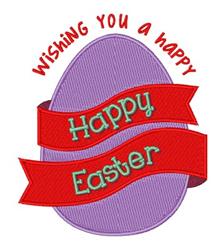Vibrant purple Easter egg with a textured pattern, wrapped in a red ribbon showing 'Wishing you a happy Easter' in green.