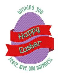 Playful purple Easter egg adorned with a bold red ribbon and green text reading 'Happy Easter'.