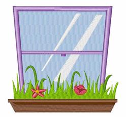 Whimsical window with a purple frame, clear glass, colorful flowers, and a snail surrounded by lush spring grass.