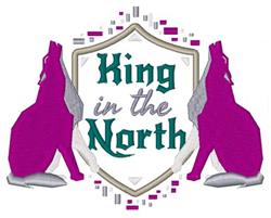 Playful shield design featuring two purple wolves, geometric shapes, and 'King in the North' text.