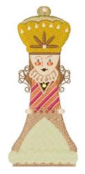 Whimsical queen character with a bright yellow crown, detailed hairstyle, and pastel striped dress, perfect for holiday decor