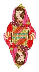Queen playing card in vibrant reds and pinks, detailed gown with intricate designs, whimsical patterns.