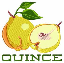 Vibrant quince fruit in yellow, one whole and one sliced, paired with a green leaf, features bold 'QUINCE' text.