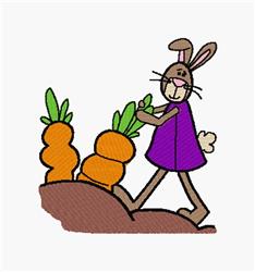 Cartoon rabbit in a purple dress joyfully walks by large orange carrots near a dirt mound, capturing spring vibes.