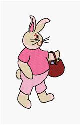Cartoon rabbit in pink clothing, cheerfully carrying a basket for Easter festivities.