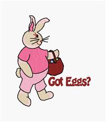 Cartoon rabbit with pink shirt and shorts, holding a basket, with 'Got Eggs?' in red, perfect for Easter.