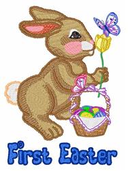 Whimsical brown rabbit with a yellow flower beside a colorful basket of Easter eggs, butterfly fluttering above.