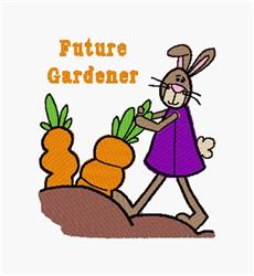 Cartoon rabbit in a purple dress beside bright orange carrots, with 'Future Gardener' text, playful spring design.