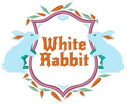 Playful rabbit design featuring two colorful rabbits and a pink shield with orange text 'White Rabbit'.