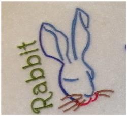 Playful rabbit head with pink whiskers, colorful blue outlines, and 'Rabbit' text in green, perfect for spring.