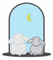 Two playful rabbits, one white and one gray, gazing through an arched window with a crescent moon and blue sky.