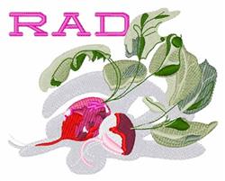 Playful radish with vibrant red body and green leaves, featuring bold pink 'RAD' text above.