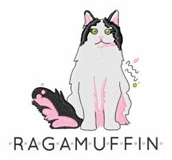 Charming Ragamuffin cat in playful pastel colors, with gray and white fur and pink highlights, in a whimsical cartoon style.
