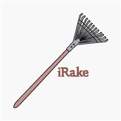 Simple rake with a black head and a wooden handle, featuring the text 'iRake' below in a minimalist style.