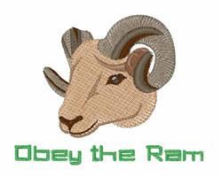 Playful ram head in shades of brown and beige with curved horns and bold green 'Obey the Ram' text.