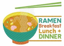 Colorful bowl of ramen with noodles and vegetables, complemented by chopsticks and playful labels for meals.