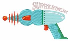 Playful ray gun in light blue with red and green accents, featuring whimsical circular details and the word 'SURRENDER!' stit