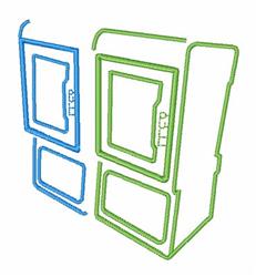 Abstract minimalist design features blue and green outlines forming overlapping rectangular shapes, creating depth.