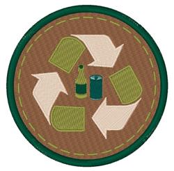 Playful recycling symbol with green arrows, featuring a bottle and can on a brown background.