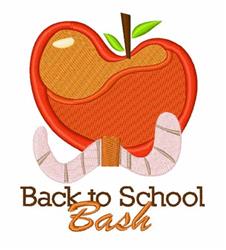 Playful red apple with green leaf and pink worms, featuring 'Back to School Bash' text in brown, perfect for kids.