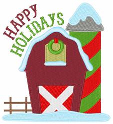 Festive red barn with green wreath near a candy cane pole, surrounded by snow, perfect for holiday decor.