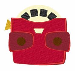 Playful red character face with oversized eyes, black details atop, and a yellow element peeking out.