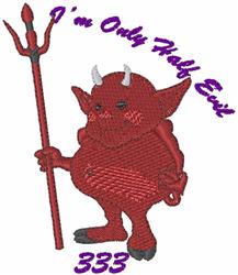 Cartoonish red devil with trident and mischievous smile, featuring 'I'm Only Half Evil' text, perfect for Halloween.