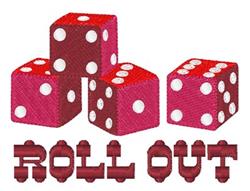 Playful red dice with white dots arranged vibrantly, featuring 'ROLL OUT' text in bold font for gaming fun.