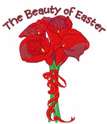Vibrant amaryllis bouquet with red flowers and green leaves, features swirling ribbon. Perfect for Easter celebrations.