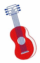 Bold red guitar with blue strings, featuring a distinct outline in a playful pop art style.