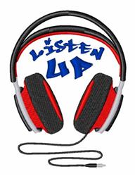 Bold red headphones with black padding and playful blue 'LISTEN UP' text, perfect for vibrant machine embroidery.