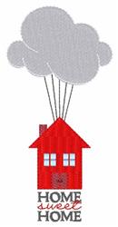 Playful design featuring a bright red house with two windows, fluffy gray clouds above, and 'HOME sweet HOME' text.