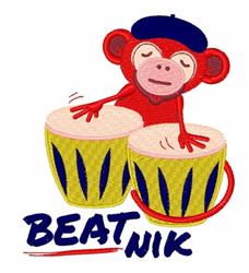 Playful red monkey with a blue beret, drumming on yellow conga drums with 'BEATNIK' in blue letters.