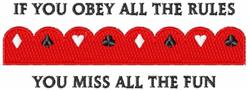 Playful text phrase in bold font coiling around a scalloped red ribbon with black embellishments.
