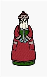 Cartoon character in a bright red robe and playful hat, holding an item against a green base.