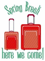 Playful red suitcases with 'Spring Break here we come!' text, set against a light background, perfect for casual travel.
