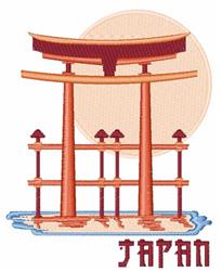 Colorful torii gate with a vibrant red hue, circular sun backdrop, and blue waves, symbolizing Japanese culture.