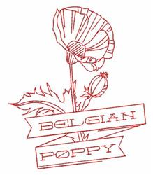 Redwork poppy flower outline with a bold red design, featuring a prominent bud and 'BELGIAN POPPY' text on a ribbon.