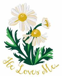 Redwork daisies with white petals and yellow centers surrounded by green leaves, featuring 'He Loves Me' in elegant script.