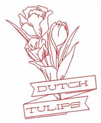 Redwork tulips in a simple line art style with a red outline, accompanied by a ribbon banner stating 'DUTCH TULIPS.'
