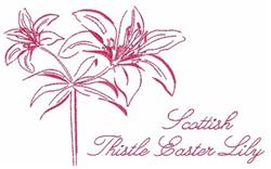 Redwork Easter lily cluster with delicate outlines, red hues, and thistle leaves, perfect for Easter decor.