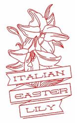 Redwork Easter lily with intricate red line art, featuring a festive 'ITALIAN EASTER LILY' banner.