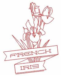 Redwork French iris flowers in elegant red line art with detailed petals, leaves, and a 'FRENCH IRIS' banner.