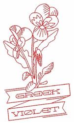 Redwork Greek Violet with delicate petals and leaves, featuring elegant red outlines and a banner reading 'GREEK VIOLET'.