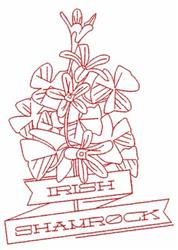 Redwork shamrock plant with simple linear design, featuring clustered leaves and an 'IRISH SHAMROCK' banner.