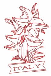 Redwork lilies with elegant lines in vibrant red, featuring a banner that reads 'ITALY' on a white background.