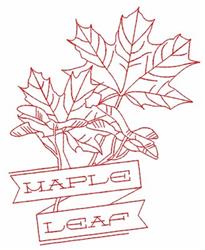 Redwork maple leaf design features stylized red line art leaves with a 'MAPLE LEAF' banner, perfect for autumn.